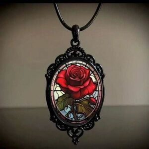 Victorian Goth Red Rose Pendant Cameo Necklace Beauty and the Beast Red Rose